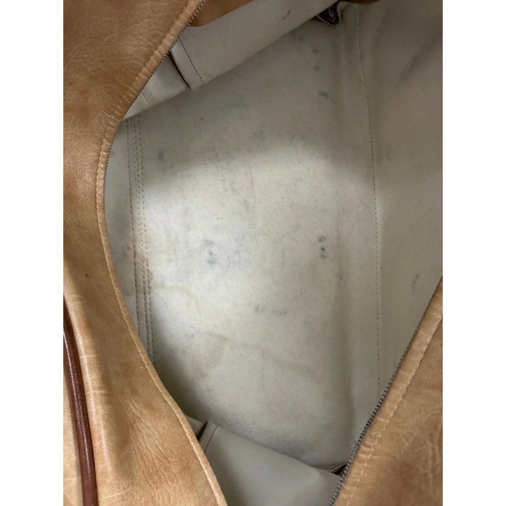 Vintage 60s Duffel Bag Tan Faux Leather Weekender Travel Luggage Brown Trim